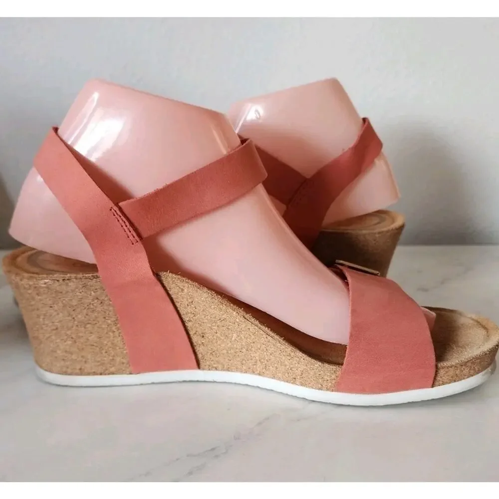 Aetrex Lexa Orthotic Strap Wedge Sandal Coral Leather Sz 9-9.5 Cork Sandal
